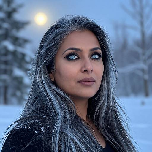 Photograph of a woman with long, silver-gray hair, blue eyes, and dark makeup, standing in a snowy forest at night, wearing a black