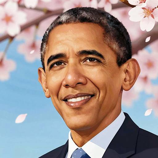 Photograph of smiling Barack Obama with short black hair, wearing a black suit and white shirt, in front of cherry blossoms.