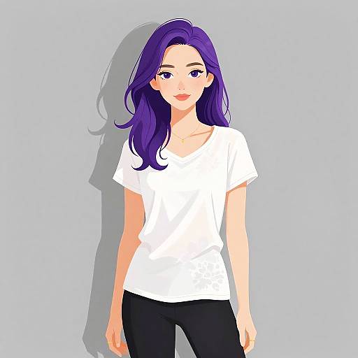 Digital anime-style drawing of a young woman with long purple hair, wearing a white t-shirt and black pants, standing against a light blue background.