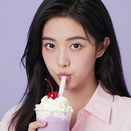 Charming Asian Woman Enjoying Milkshake