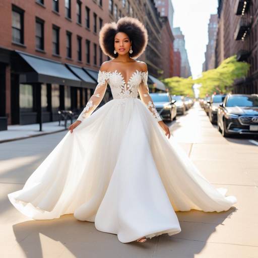 Elegant bride in white wedding gown on city street