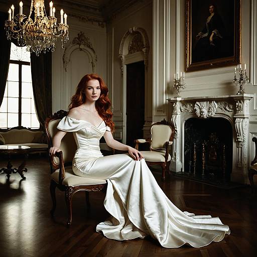 Redhead Woman in White Satin Gown in Classical Interior
