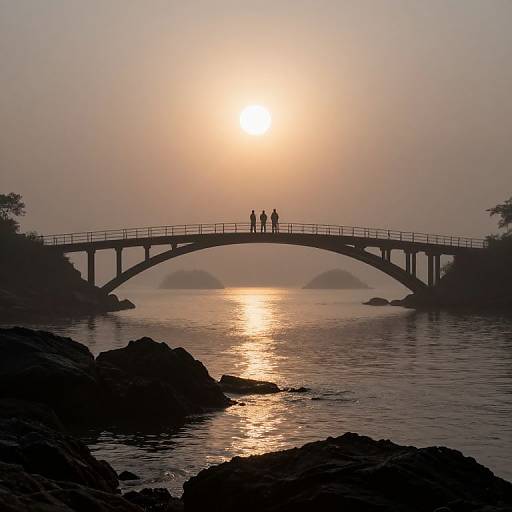 Photograph of a silhouetted bridge with three people standing in the middle, backlit by a glowing sunset over a calm, reflective river with