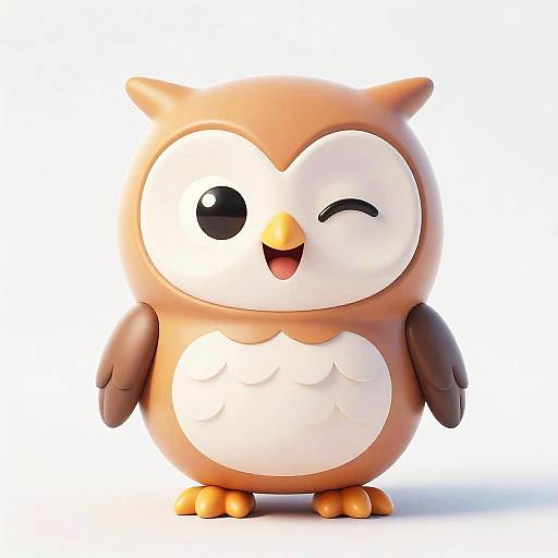 Cute, cartoon-style brown owl with white chest, winking, smiling, and orange beak and feet, standing against a white background.