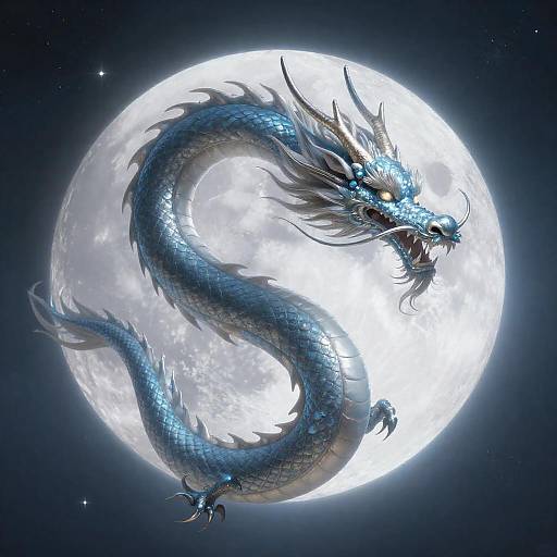Digital illustration of a fierce, blue, serpentine dragon with glowing eyes and sharp horns, coiled around a bright full moon in a starry
