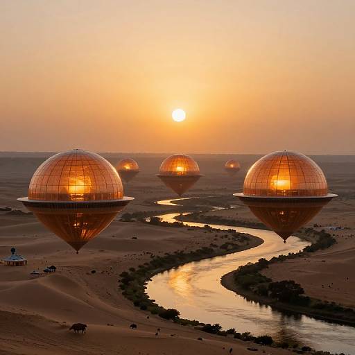 Photograph of four glowing, dome-shaped hot air balloons floating over a desert at sunset, with a winding river below and a warm, orange sky.