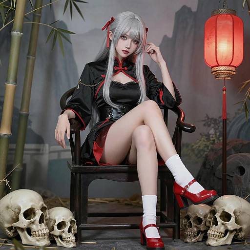 Silver-Haired Woman Amid Skulls and Lantern