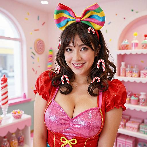 Photograph of a smiling Asian woman with wavy black hair, wearing a red sequin dress, pink bra, and colorful bow, surrounded by candy