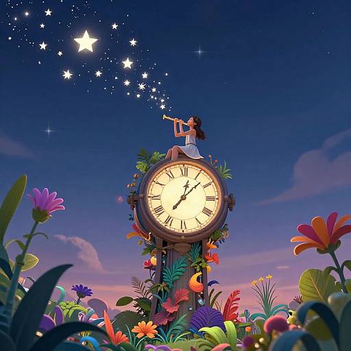 Digital illustration: Silhouetted girl with long hair, sitting atop a glowing clock tower, blowing a star trail into a twilight sky, surrounded by
