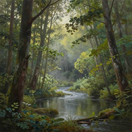 Photorealistic digital painting of a serene forest with a reflective stream, tall trees, lush greenery, and sunlight filtering through.
