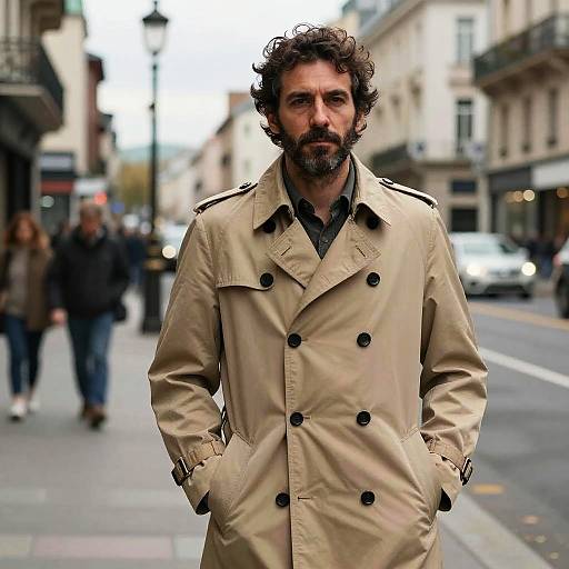 Photograph of a rugged, bearded man with curly brown hair, wearing a beige trench coat, standing on a busy urban street. Blurred pedestrians