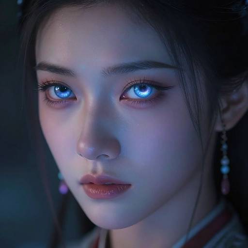 Digital artwork of a young Asian woman with glowing blue eyes, pale skin, and dark hair, illuminated by blue light.