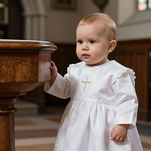 Photograph of a fair-skinned, blonde-haired toddler girl in a white, long-sleeved dress with a gold cross, standing by a wooden