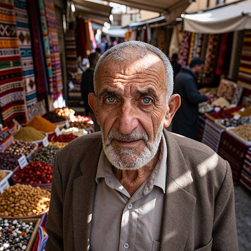 Photograph of an elderly Middle Eastern man with gray hair and beard, wearing a brown blazer and light shirt, standing in a vibrant, sunlit