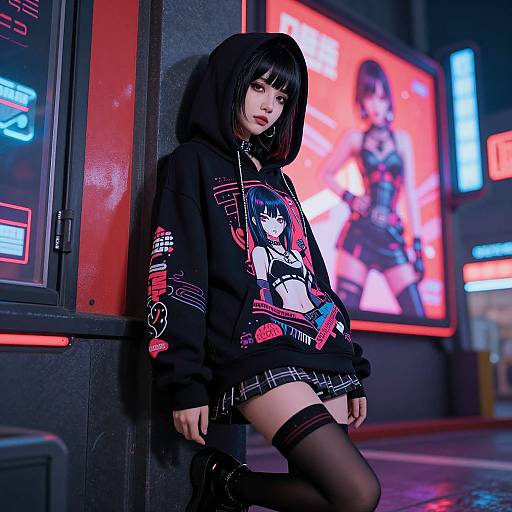 Neo-noir photograph of a pale-skinned, black-haired woman in a graphic hoodie, plaid skirt, and thigh-high stockings, leaning against a