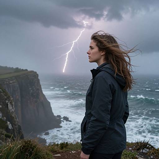 Photograph of a woman with long brown hair in a black jacket, standing on a cliffside, facing a stormy ocean with a bright lightning bolt