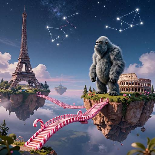 Photorealistic digital art: giant ape stands on floating cliff with Paris Eiffel Tower, Roman Colosseum, and cosmic constellations