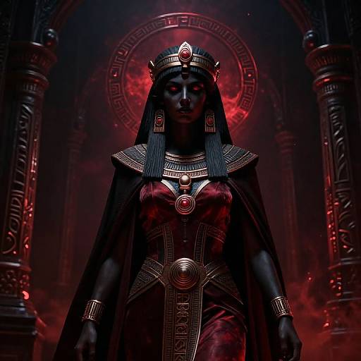 Digital art of a dark-skinned, eerie queen with glowing red eyes, Egyptian attire, and ornate jewelry, standing in a red-lit,