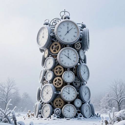 Photograph of a tall, snow-covered sculpture made of stacked antique clocks with gears, set in a snowy, foggy outdoor landscape.
