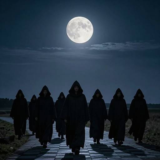 Moonlit Cloaked Procession on Checkered Path