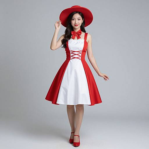 Photograph of an Asian woman with long black hair, wearing a red and white sleeveless dress, red hat, and red shoes, against a plain