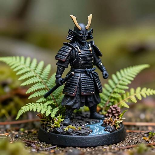 Photograph of a detailed black samurai figurine with horned helmet, standing on a mossy base surrounded by ferns and small plants.