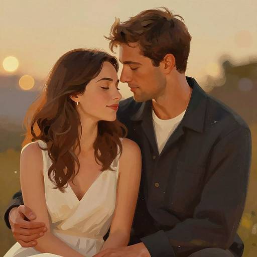 Photograph of a romantic couple at sunset, man in black jacket, woman in white dress, gently touching foreheads, warm golden light.