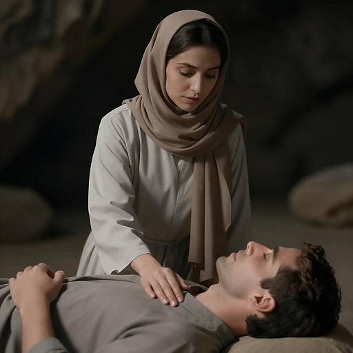 Woman Caring for Man in Dim Cave Setting