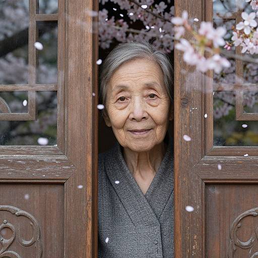 Photograph of an elderly Asian woman with gray hair, smiling, wearing a gray kimono, standing behind wooden doors, surrounded by cherry blossom petals.