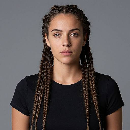 Photograph of a young woman with medium brown skin, long dark braided hair, wearing a black t-shirt, against a gray background.