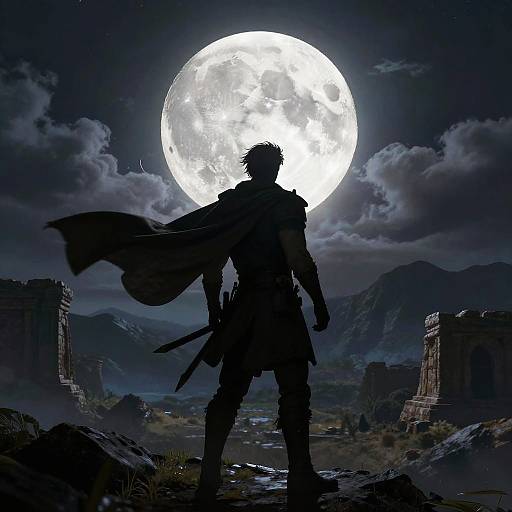 Silhouetted warrior with sword stands before a glowing full moon, ruins in a dark, mountainous landscape; digital art.