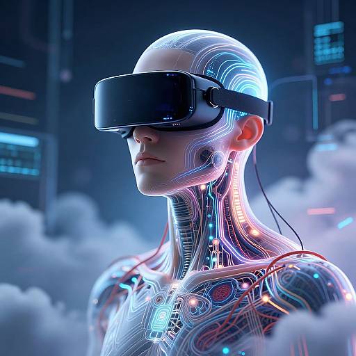 Digital CGI of a bald, humanoid figure with glowing circuitry, wearing a black VR headset, set against a futuristic, cloud-filled background.