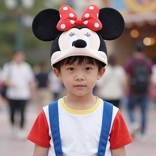Photograph of an Asian toddler wearing a Minnie Mouse headband with a red bow, a red-and-white shirt, and blue suspenders, standing