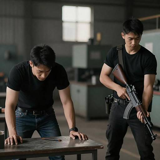 Two Men in Industrial Setting with Rifle