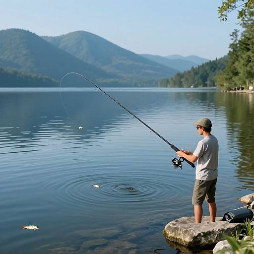Photograph of a man fishing on a calm lake, standing on a rock, holding a fishing rod, with mountains and trees in the background.