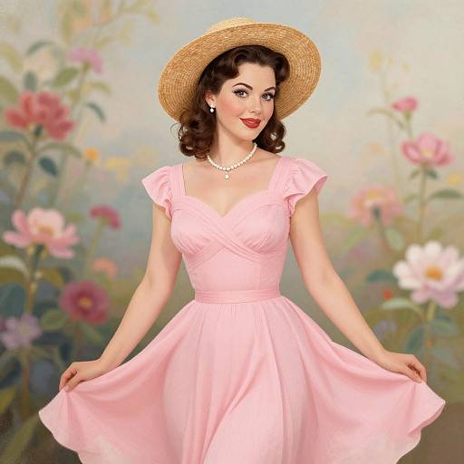 Vintage-style digital illustration of a smiling woman in a pink dress and straw hat, holding her skirt, surrounded by colorful flowers.