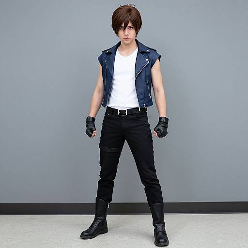 Photorealistic CGI of a young man with brown hair, wearing a blue vest, white shirt, black pants, gloves, and boots, standing against