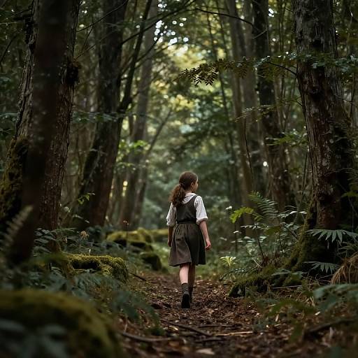 Photograph of a young girl with brown hair in a ponytail, wearing a white shirt and dark dress, walking through a dense, mossy forest