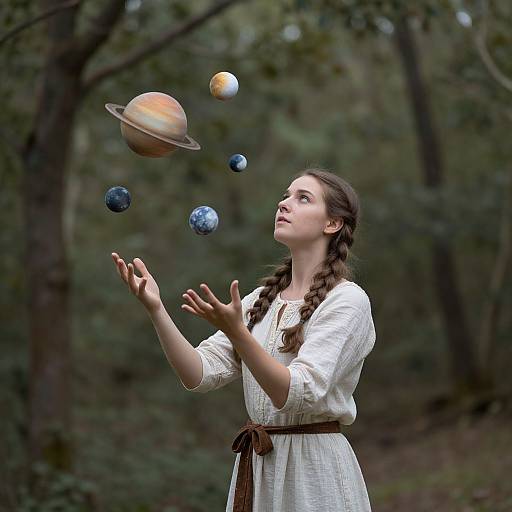 Photograph of a young woman with braided brown hair, wearing a white, long-sleeved dress, floating planets in a forest.