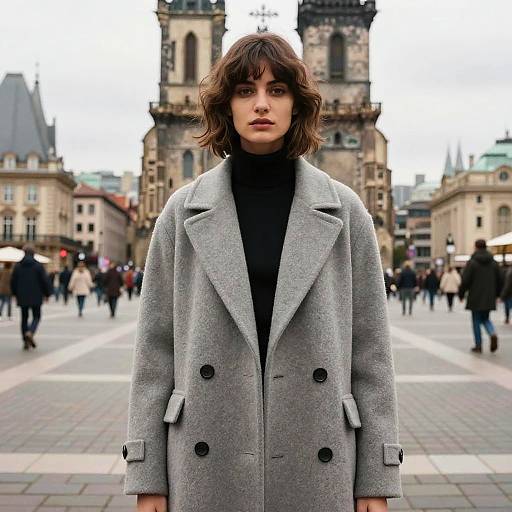 Fashion Model with Baby Bangs in Historic Square