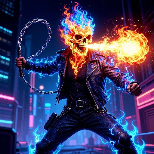 Digital artwork of a flaming, skull-headed figure in a black leather jacket wielding a chain, surrounded by neon cityscape with blue and purple flames.