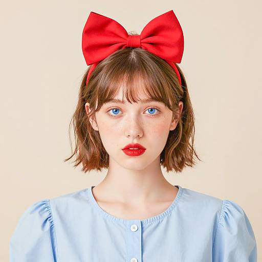 Young Woman with Red Bow and Blue Eyes
