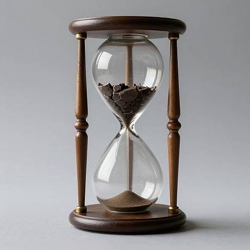 Photograph of a transparent wooden hourglass with dark sand, standing on a light gray background, showing the sand mid-flow.