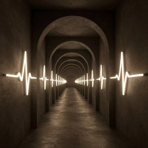 Photograph of a dark, arched tunnel with glowing white ECG-like lights evenly spaced on both walls, creating a mesmerizing, symmetrical perspective