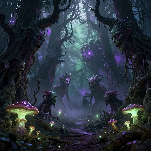 Dark forest illustration: Twisted, glowing-eyed creatures with horns lurk under bioluminescent mushrooms, surrounded by eerie, tangled trees and purple mist