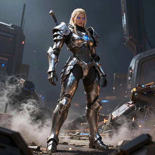 CGI image of a blonde woman in shiny, black futuristic armor with blue accents, standing confidently in a smoky, ruined cityscape.