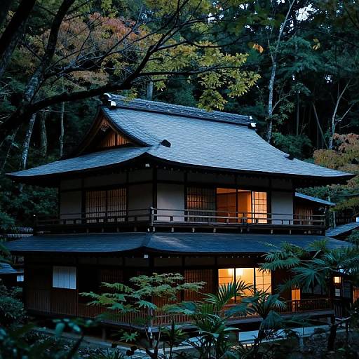 Photograph of a traditional Japanese wooden house with a grey roof, illuminated windows, surrounded by dense forest foliage at dusk.
