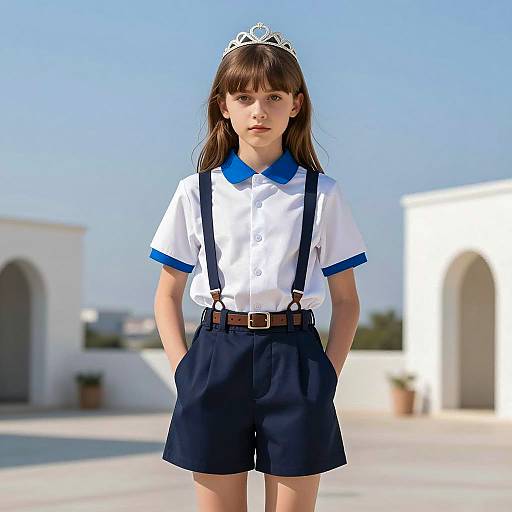 Young Girl in Blue and White School Uniform with Tiara