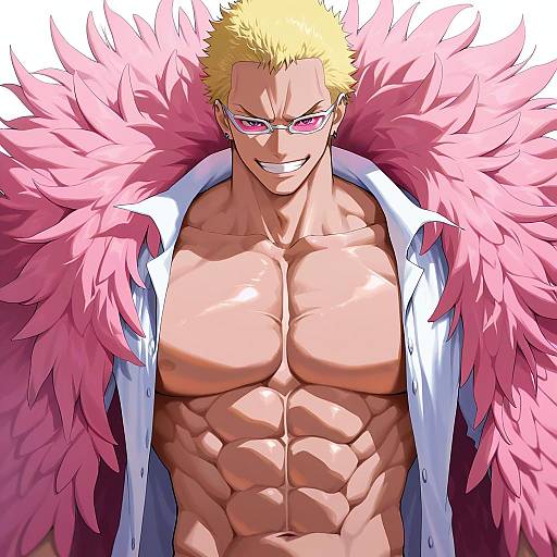 Illustration of Donquixote doflamingo, one piece in the style of Yampa