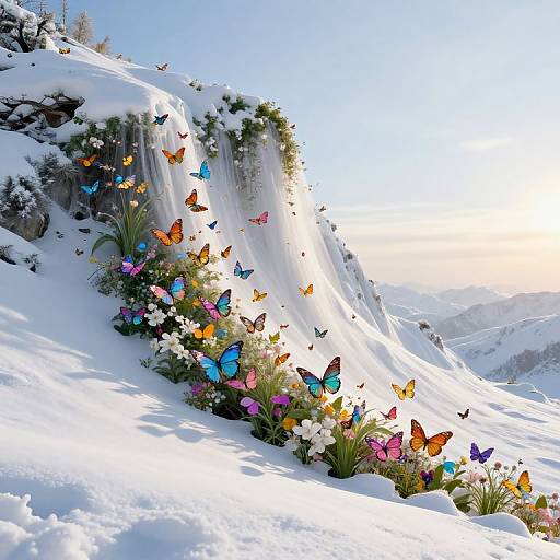 Photorealistic digital artwork of a snowy mountain landscape with colorful butterflies and vibrant flowers near a cascading waterfall.
